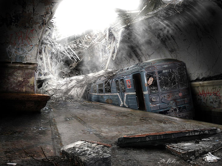 青と灰色の金属の列車、地下鉄、放棄された、ディストピア、破滅、 HDデスクトップの壁紙