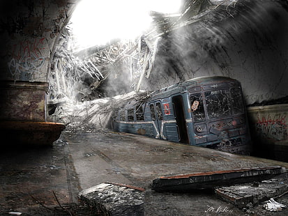 train de métal bleu et gris, métro, abandonné, dystopique, ruine, Fond d'écran HD HD wallpaper