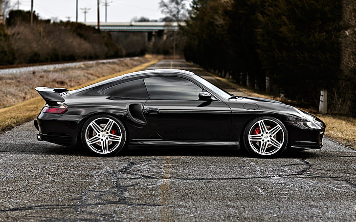 Widok z boku czarny samochód Porsche 996 Turbo, Porsche, czarny, samochód, bok, widok, Tapety HD