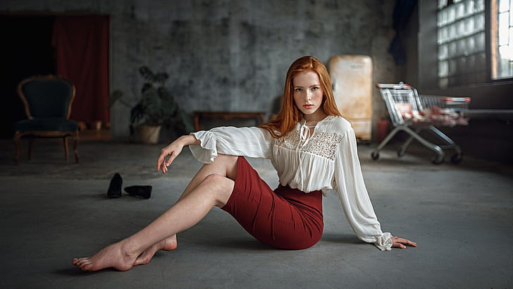 skirt, hips, women, redhead, white tops, Georgy Chernyadyev, legs, pale, on the floor, Katya Voronina, freckles, feet, HD wallpaper