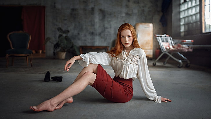women's white long-sleeved shirt, women, redhead, hips, legs, skirt, freckles, on the floor, pale, white tops, feet, Katya Voronina, Georgy Chernyadyev, HD wallpaper