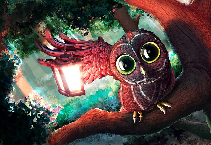 red owl painting, forest, look, light, trees, branches, owl, art, lantern, painting, HD wallpaper