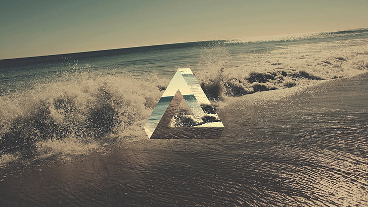 Tapeta nad morzem z logo pałacu, trójkąt, geometria, plaża, trójkąt Penrose'a, Tapety HD