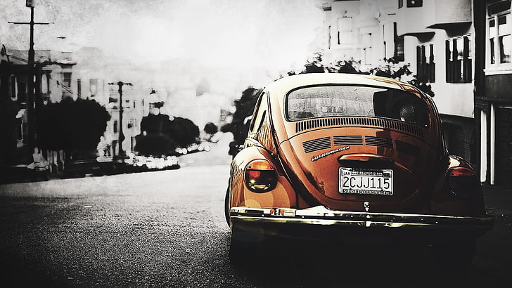 brown Volkswagen Beetle, car, Volkswagen, California, Volkswagen Beetle, orange cars, HD wallpaper