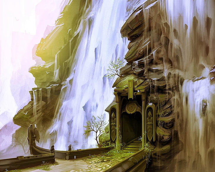 braunes Holzhaus mit Baumdekor, Wasserfall, Fantasiekunst, Grafik, HD-Hintergrundbild
