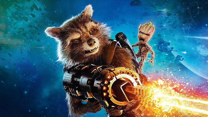 Película, Guardianes de la galaxia vol.2, Groot, mapache cohete, Fondo de pantalla HD
