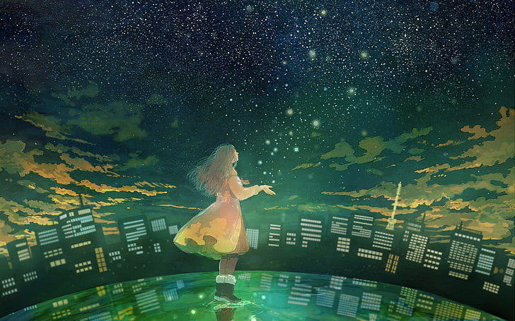 Second element of the Fireflies Summer Cartoon Wal.., woman wearing dress digital wallpaper, HD wallpaper