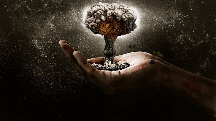 silver-colored and diamond ring, hands, fingers, scratch, explosion, photo manipulation, atomic bomb, bombs, HD wallpaper