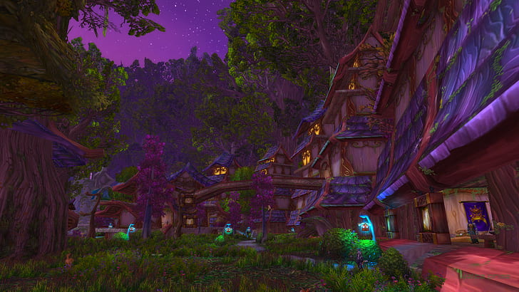 World of Warcraft, Дарнас, Тельдрассил, Ночные Эльфы, скриншот, лес, ночь, HD обои