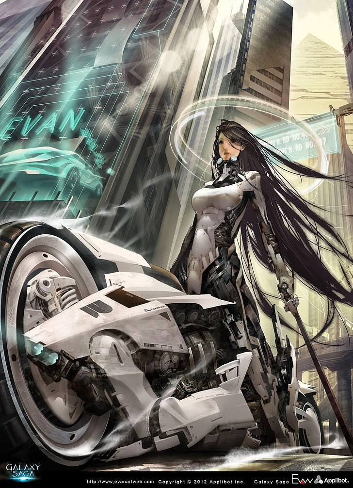 animowana długowłosa dziewczyna jeżdżąca na motocyklu cyfrowa tapeta, science fiction, pojazd, wielkie cycki, anime dziewczyny, dzieło sztuki, anime, Tapety HD, tapety na telefon