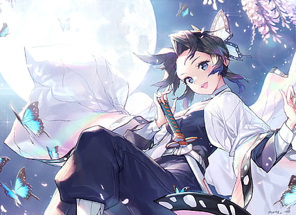 Anime, Demon Slayer: Kimetsu no Yaiba, Butterfly, Girl, Shinobu Kochou, วอลล์เปเปอร์ HD HD wallpaper