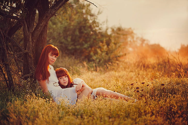 daughter, family, mood, mother, nature, redhead, summer, HD wallpaper