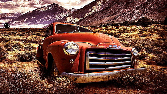 red car, car, plant, vehicle, classic car, old car, vintage car, landscape, pickup truck, pickup, truck, abandoned, gmc, HD wallpaper HD wallpaper