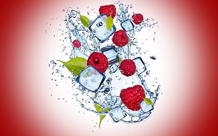 ice cubes and red berries, raspberry, berry, ice, leaves, spray, HD wallpaper