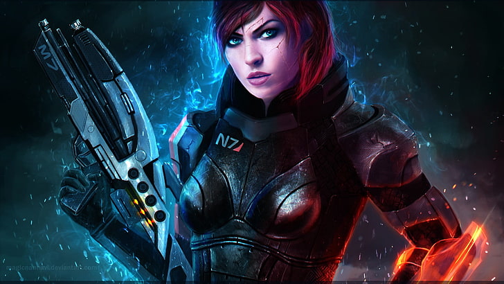 женщина в черном костюме персонажа цифровой плакат, Mass Effect, командир Шепард, Джейн Шепард, Bioware, HD обои