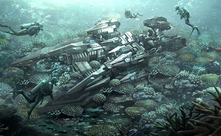 ilustração subaquática de nave espacial cinza, obras de arte, mergulhadores, futurista, HD papel de parede