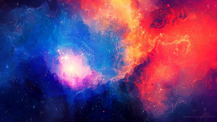 blue and red abstract painting, blue and red clouds digital wallpaper, abstract, colorful, universe, space, galaxy, stars, nebula, TylerCreatesWorlds, space art, digital art, blue, cyan, orange, red, pink, HD wallpaper
