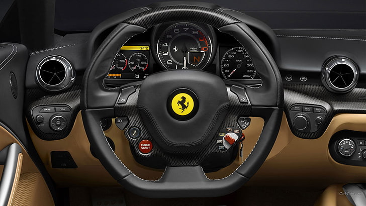 black Ferrari steering wheel, Ferrari F12, car, HD wallpaper