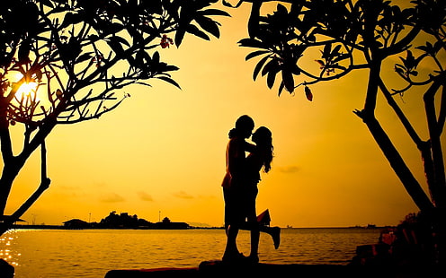 Sonnenuntergang-Umarmungs-Liebes-Paar, Schattenbild des Mannes und der Frau, Liebe, Baum, Sonnenuntergang, Paar, HD-Hintergrundbild HD wallpaper