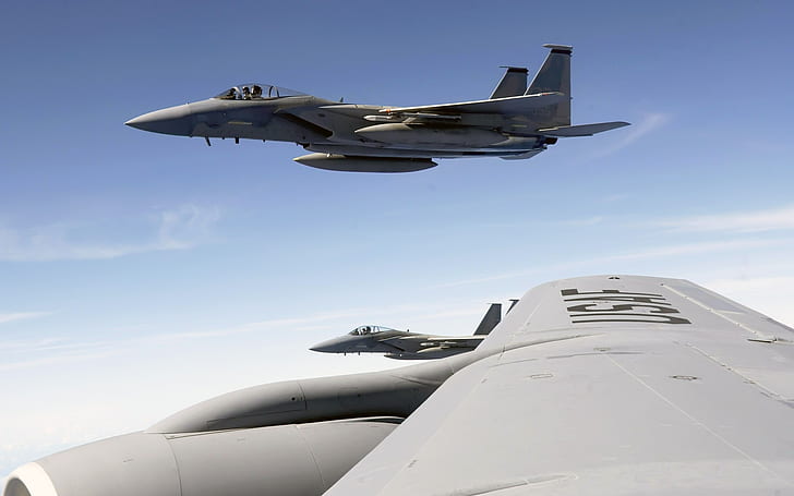 F 15 Eagle flies with KC 135 Stratotanker, gray fighting planes, with, eagle, stratotanker, flies, HD wallpaper