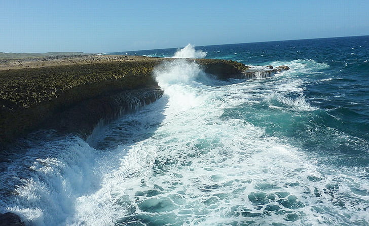 caribic, curacao, ocean, rocks, spray, waves, HD wallpaper