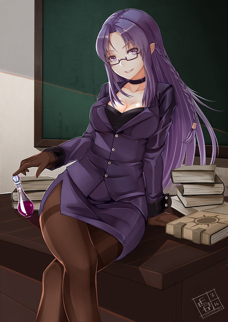 purple-haired female anime wallpaper, Caster (Fate/Stay Night), Fate Series, glasses, pantyhose, purple hair, HD wallpaper