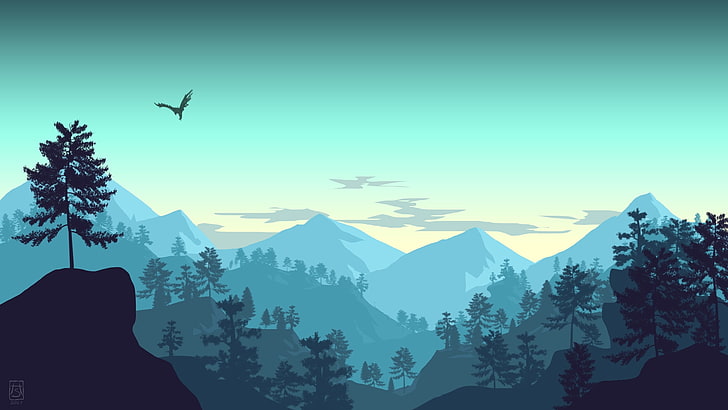 минималистичный пейзаж, горы, лес, птица, небо, произведения искусства, другие, HD обои