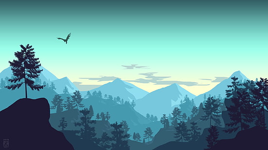paesaggio minimalista, montagne, foresta, uccello, cielo, opera d'arte, Altro, Sfondo HD HD wallpaper