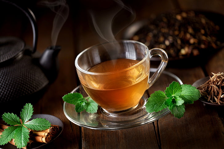cangkir teh bening dengan piring, teh, ketel, pasangan, Piala, kayu manis, mint, piring, pengelasan, Wallpaper HD