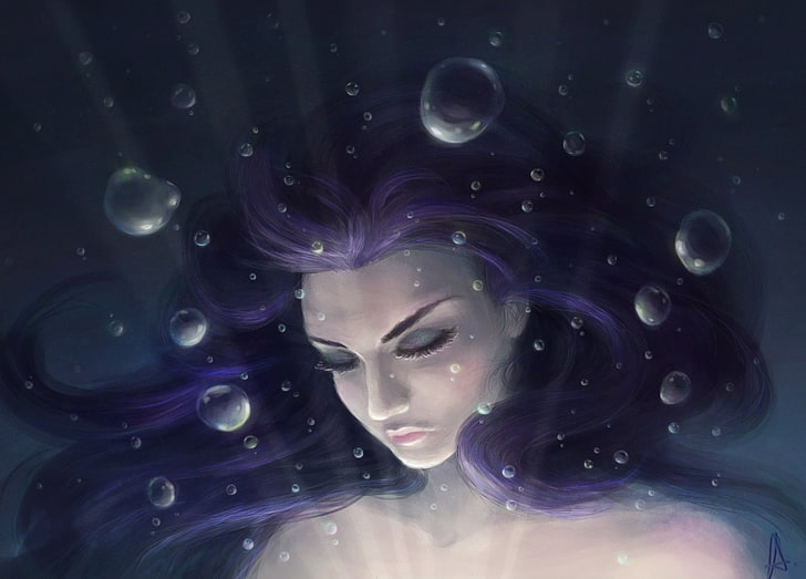purple haired woman painting, girl, art, face, hair, underwater, bubbles, HD wallpaper