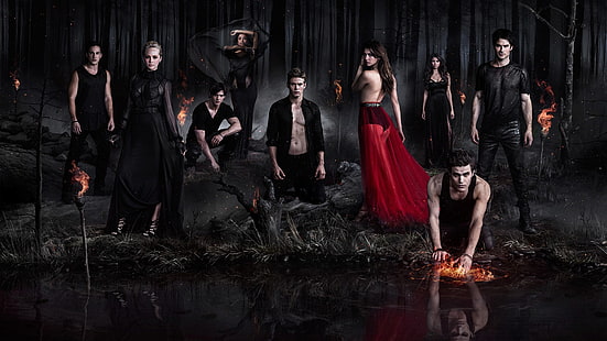Candice Accola, Ian Somerhalder, Nina Dobrev, Paul Wesley und The Vampire Diaries, HD-Hintergrundbild HD wallpaper