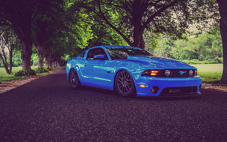 blue coupe, Ford Mustang, muscle cars, lowrider, tuning, blue cars, Ford, vehicle, HD wallpaper