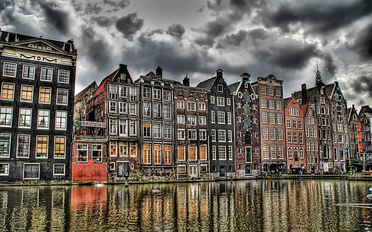 Amsterdam, HDR, Europa, Holandia, stary budynek, kanał, zachmurzenie, miasto, budynek, architektura, Tapety HD