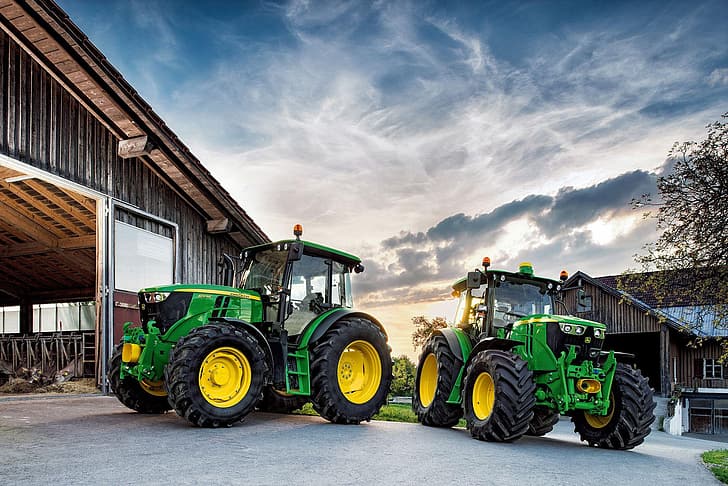 niebo, chmury, zieleń, technika, hangar, kabina, koło, John Deere, traktor, duże koła, maszyny rolnicze, John Deere 6110MC, zielony traktor, dwa traktory, Tapety HD