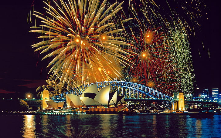 Sydney Opera House, ponte, mare, fuochi d'artificio, Sfondo HD