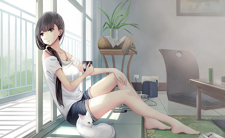 anime girls, anime, cat, sitting, on the floor, legs, barefoot, interior, dark hair, long hair, cup, indoors, HD wallpaper