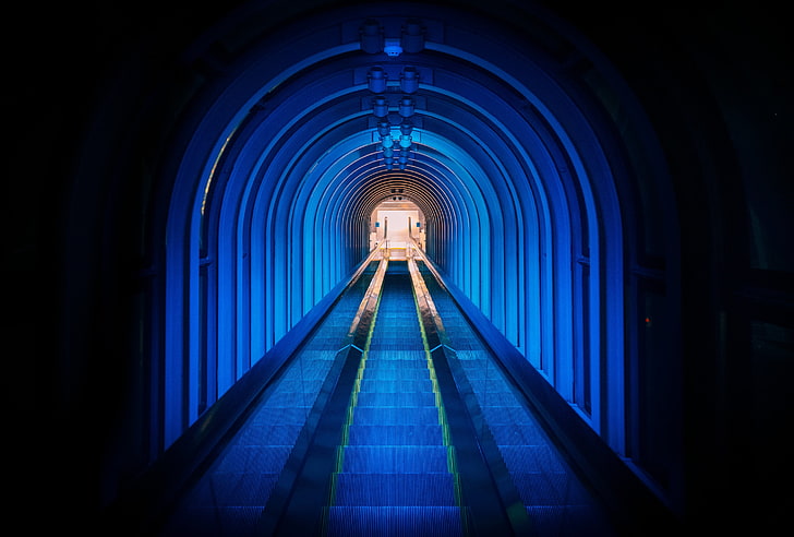 blue train tunnel, escalator, underground, staircase, HD wallpaper