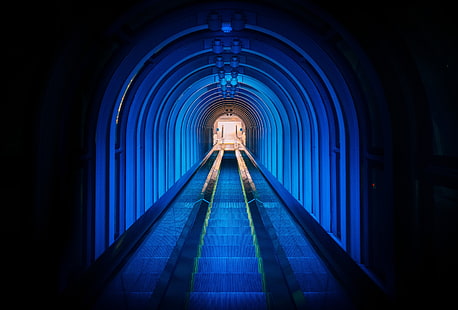 túnel de tren azul, escalera mecánica, subterráneo, escalera, Fondo de pantalla HD HD wallpaper