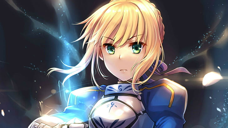 blonde, Saber, armor, Puffy Sleeves, ribbon, anime, petals, green eyes, Fate Series, looking at viewer, anime girls, bangs, solo, FateZero, HD wallpaper
