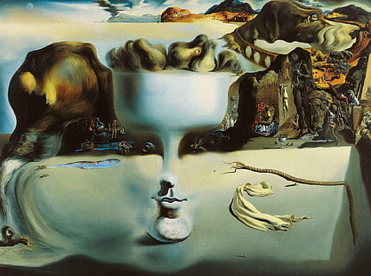 peinture de gobelet blanche, surréalisme, image, Salvador Dali, Le phénomène du visage et du bol de fruits sur une plage, Fond d'écran HD HD wallpaper