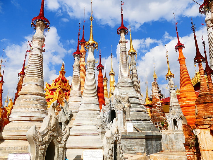 серая и оранжевая бетонная конструкция, здания, мьянма, бирма, пагода, архитектура, храм, HD обои