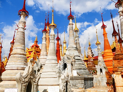серая и оранжевая бетонная конструкция, здания, мьянма, бирма, пагода, архитектура, храм, HD обои HD wallpaper