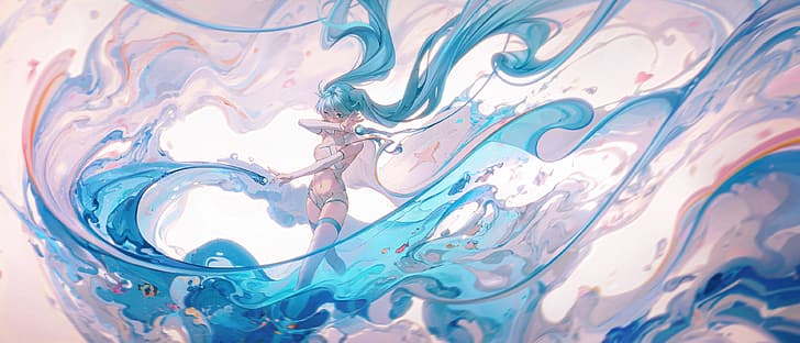 Vocaloid, Hatsune Miku, anime girls, turquoise hair, twintails, long hair, Ying Yi, detached sleeves, standing, thigh-highs, looking at viewer, ahoge, turquoise eyes, fish, blurry background, magic, HD wallpaper