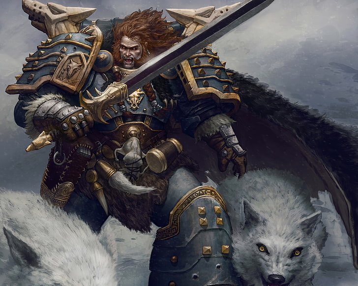 мужчина держит меч рядом с волком обои, меч, воин, арт, волки, доспехи, боевой молот, Леман Русс, HD обои