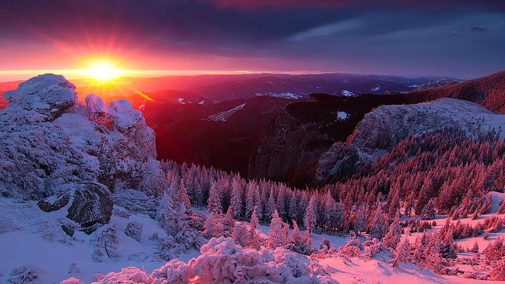 изглед, изглед, молдова, молдова, европа, румъния, планина ceahlau, масив ceahlau, слънчева светлина, масив, панорама, зима, замръзване, залез, планинска верига, декември, планина, пустиня, сняг, небе, природа, HD тапет