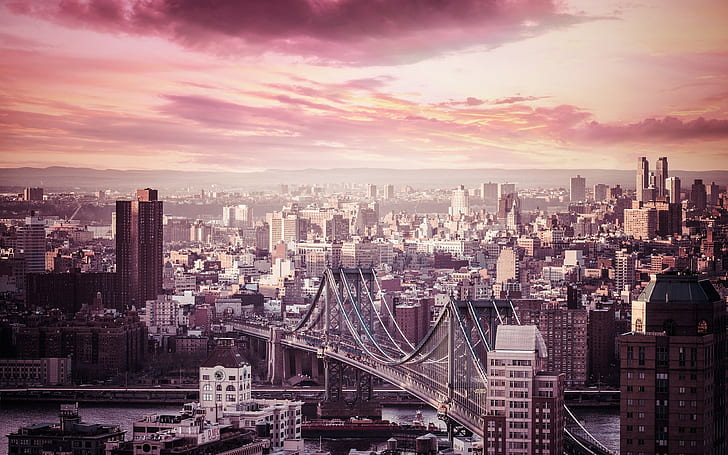 cityscape, city, New York City, purple sky, Manhattan Bridge, HD wallpaper