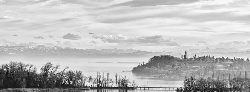 Lake Constance in Front of the Alps, grayscale trees and body of water, Black and White, Lights, Dark, Nature, Winter, Sunset, Gray, Trees, Shade, Light, Wood, Shore, Rays, Pier, Lake, Tree, Forest, Cloud, Shiny, Water, Grey, Cold, Foggy, Banks, Germany, Park, Snow, Shadow, South, Quiet, Silver, Gardens, Clouds, Peaceful, Lakeside, Alps, Reflection, Photo, lake constance, Noir, jetty, shoreline, Parks, detail, ze, zing, Grayscale, dynamic, Lake Uberlingen, konstanz, baden-wurttemberg, litzelstetten, mainau, mainau bay, flowering island, waterside, riparian, watersides, sunset light, against sun, dynamics, direct light, incident light, black white, back-light, HD wallpaper HD wallpaper
