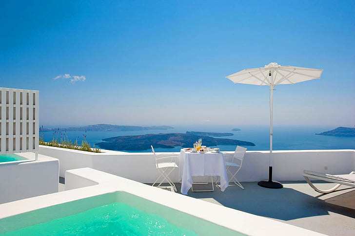 Изглед над Санторини Гърция, бял вътрешен двор от 3 части, океан, Санторини, отстъпление, син, рай, град, басейн, остров, джакузи, красив, HD тапет