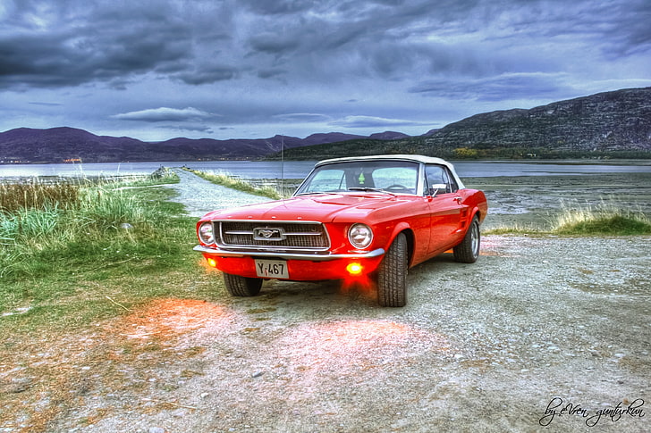 класически червен и бял Ford Mustang купе, ford, mustang, hdr, HD тапет