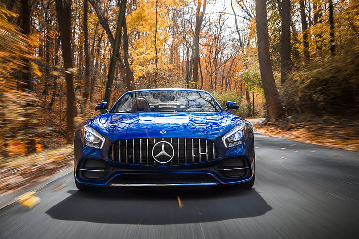 blue Mercedes-Benz sports car time lapse photography, Mercedes-AMG GT C Roadster, Sports car, 2018, 4K, HD wallpaper